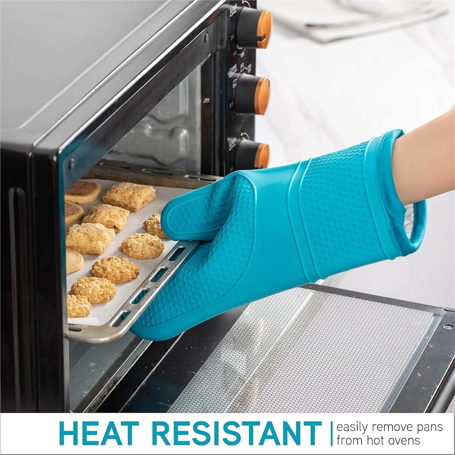 Heat Silicone Oven Mitts with Soft Quilted Lining for Cooking and BBQ, Teal Set