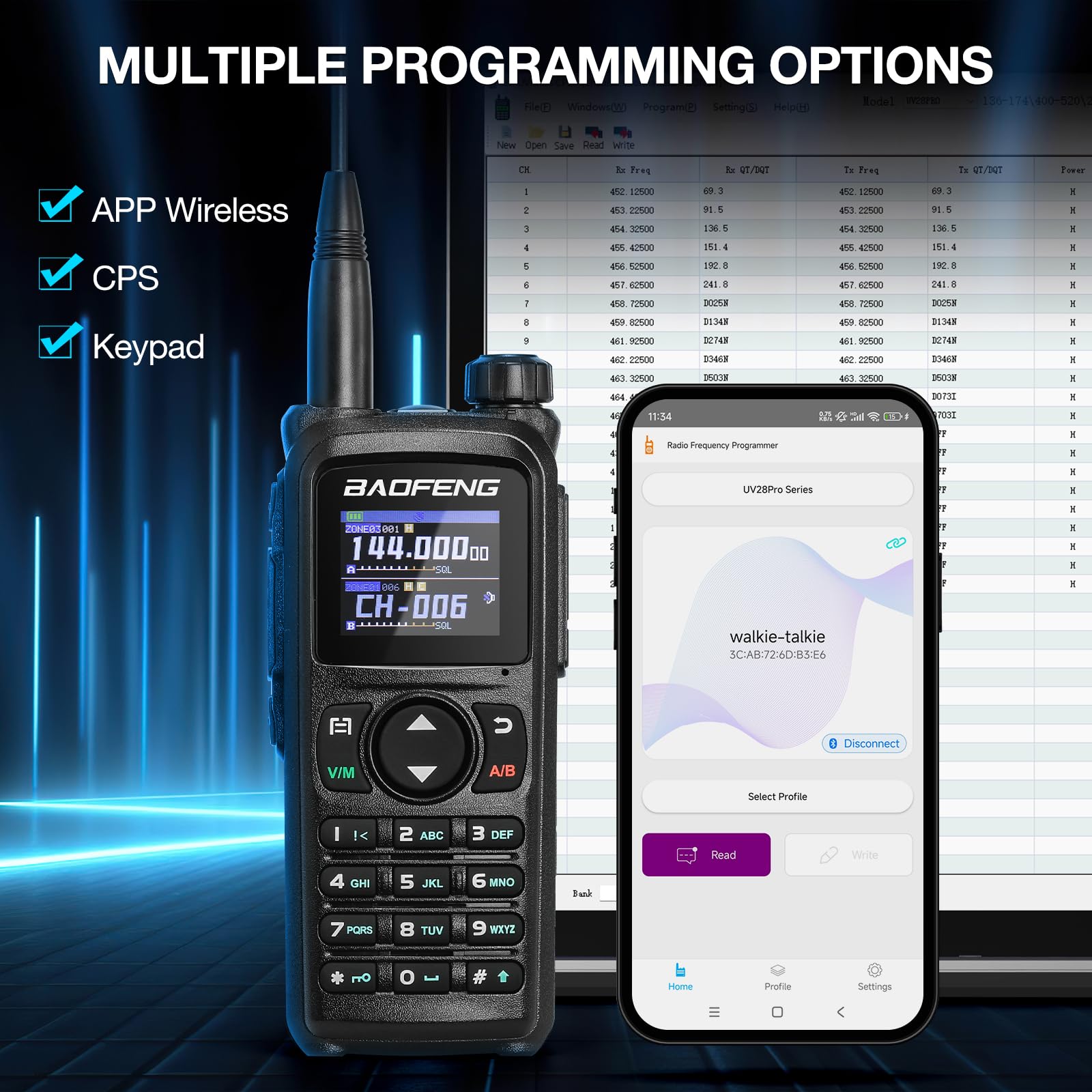 BAOFENG UV-28 Plus Radioaficionado navegación GPS 10W, programación por aplicación, Receptor multibanda de Radio bidireccional de Banda Dual, 1000 Canales, Pantalla 1,77", 2800mAh batería