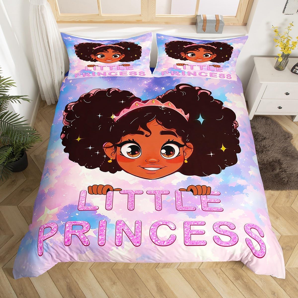 Cute Girl American Style Bedding Set Toddler,Watercolor Rainbow Cloud Sky Duvet Cover 2pcs,Magical Girl Black Skin Comforter Cover,Kids Girls Cartoon Quilt Cover,Not Comforter