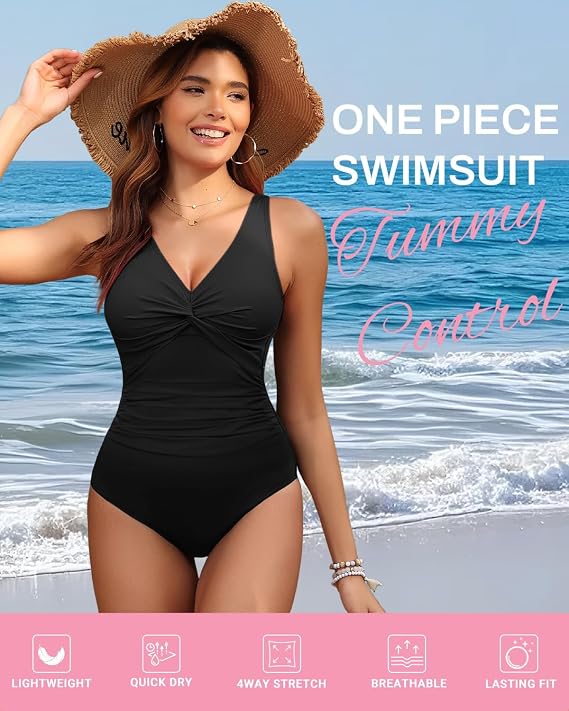 Holipick black one piece swimsuit side view women beach vacation