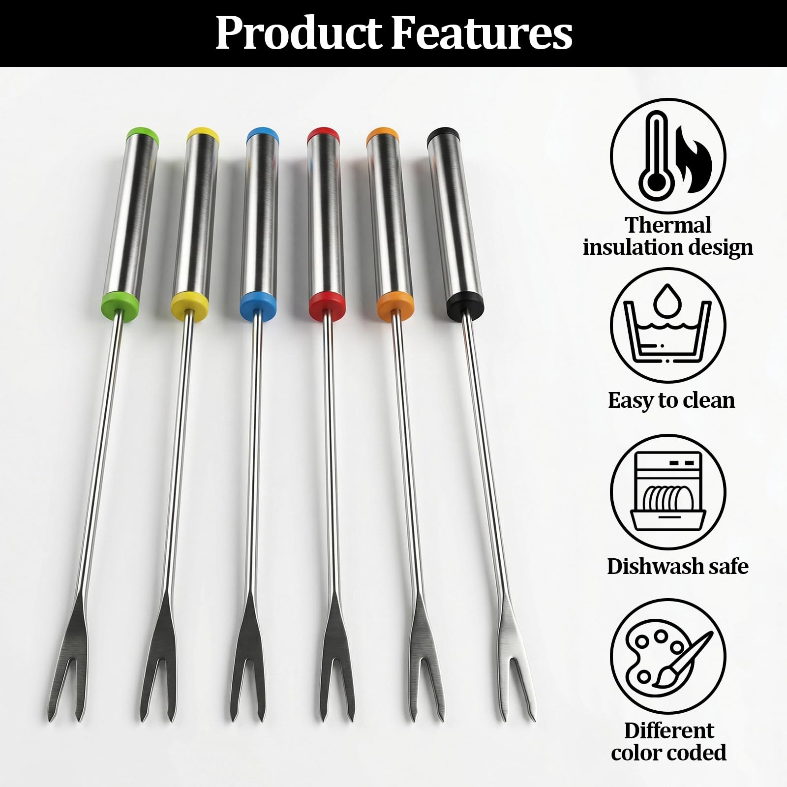 Stainless Steel Fondue Forks,6 PCS Color Coded Cheese Fondue Forks for Chocolate Fountain Cheese Fondue,Heat Resistant Smores Sticks(9.5 Inch) — Amazon image 3