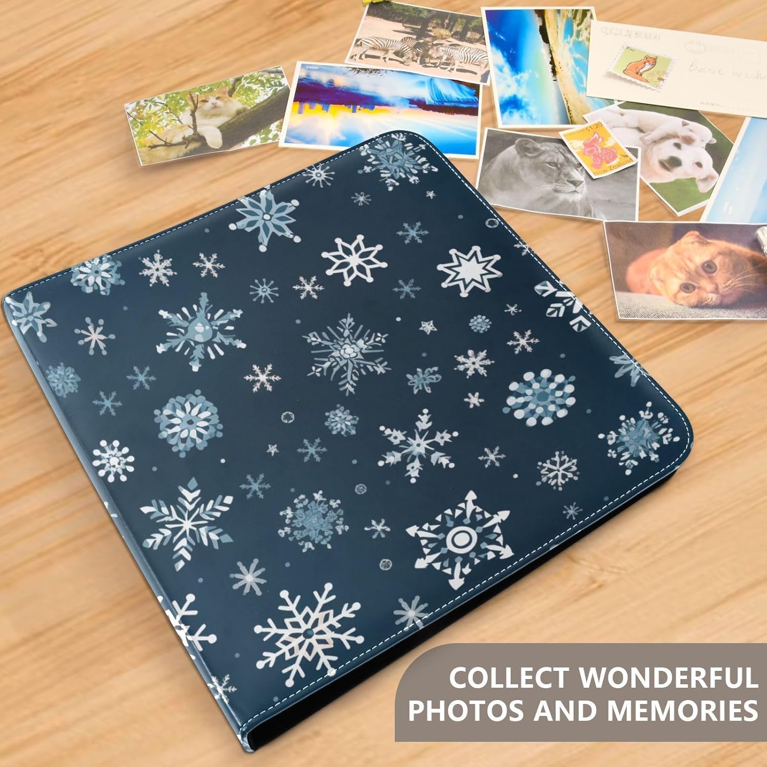 JIPONI Cute Snowflakes Large Photo Album, DIY Leather Cover Scrapbook Albums for 4x6 5x7 6x8 Pictures, Self Adhesive Memory Book for Wedding, Baby, Family