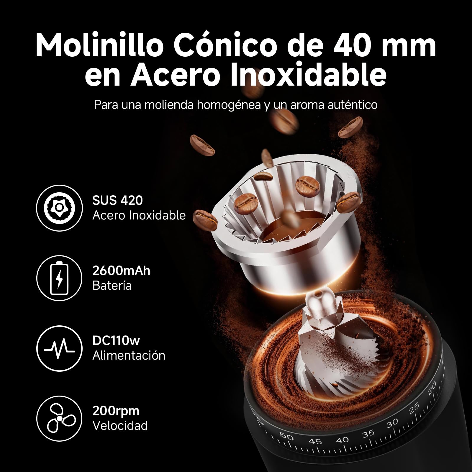 AAOBOSI Molinillo Café Eléctrico, Máquina de Café Portátil 110W, Batería 2600mAh, Máquina de Café con 60 Niveles de Molienda Personalizados, Incluye Portafiltro para Máquinas de Café Espresso