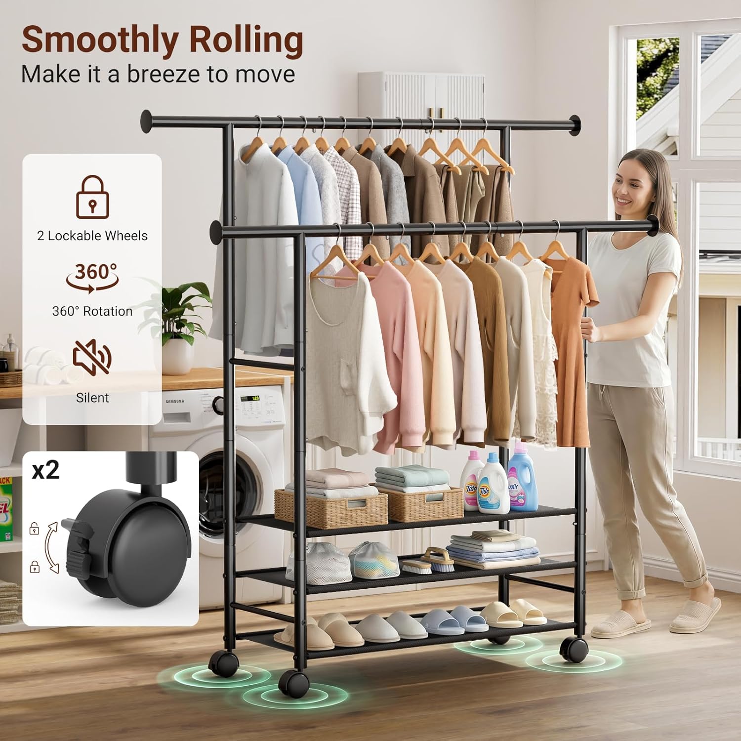 SLEEPING LAMB 44" Double Rods Clothes Rack for Hanging Clothes, Sturdy Wardrobe Clothing Rack with 3 Tier Shelves, Portable Rolling Garment Rack With Wheels for Bedroom, Laundry Living Room, Black
