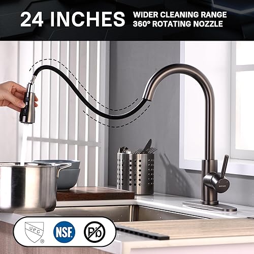 Vista 46 de WEWE Grifo de cocina en cascada con rociador extraíble, 3 modos (barrido/corriente/cascada) modo de interruptor giratorio, grifo de fregadero