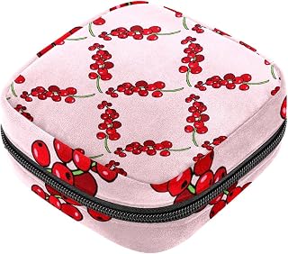 Red Fruit Pattern Sanitary Napkin Storage Bag Menstrual Pad Bag Portable Menstrual Period Sanitary Pouch Zipper Tampons Collect Bags for Teen Girls Women Ladies