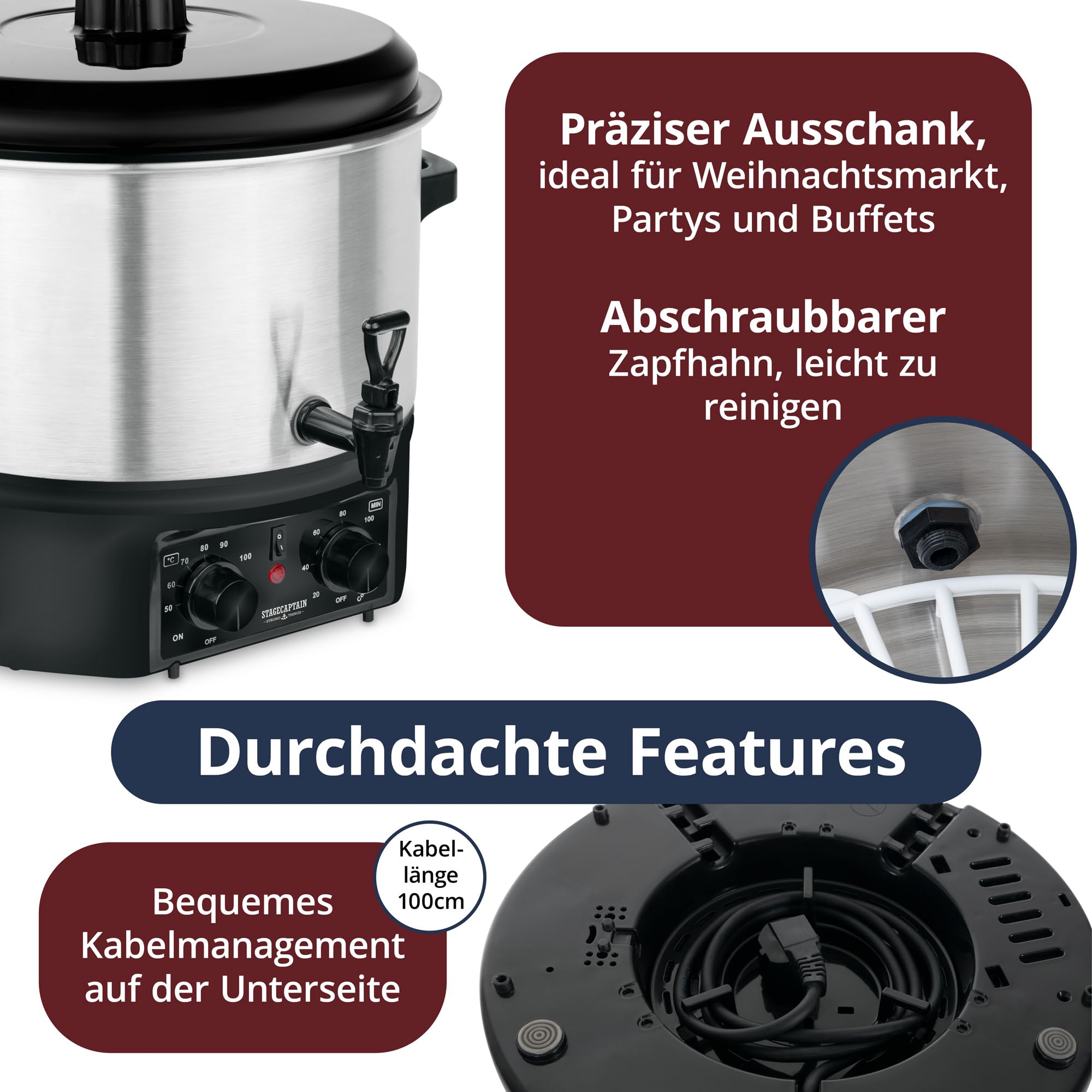 Stagecaptain GWK-16A Glühweinkocher - Einkochautomat mit 16 Liter - 2000 Watt - Gebürsteter Edelstahl - Einfache Bedienung (Temperatur und Zeitschaltuhr) - Abschaltautomatik - Silber