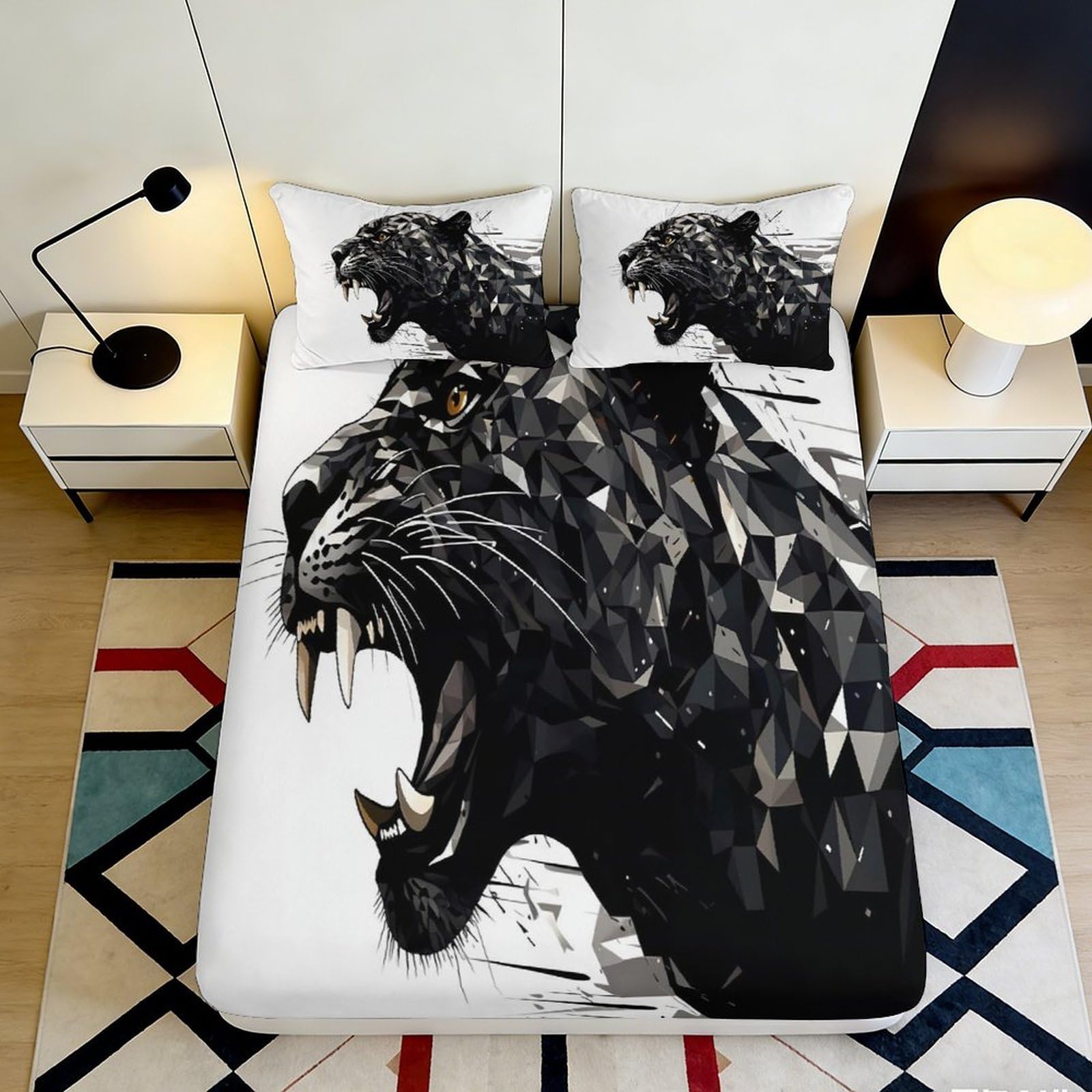 3D Printed Black Panther Fitted Sheet Microfiber Soft Breathable Geometric Wild Cat Mattress Cover for Bedroom Dorm Decor 90x200x25cm