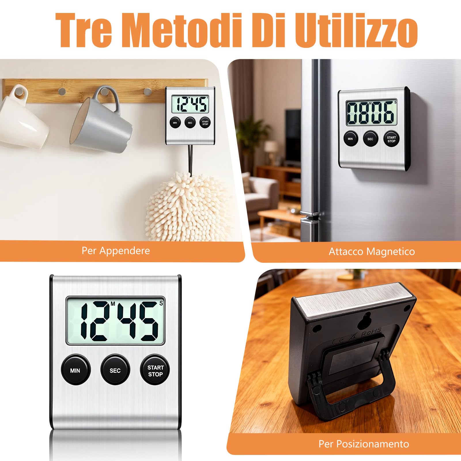 3 PCS Timer Digitale con Allarme Forte con Cifre Grandi, Timer da Cucina Digitale con Supporto Magnetico e Interruttore on/off per Cucinare, Sport, Studio, Riunioni, Acciaio Inossidabile