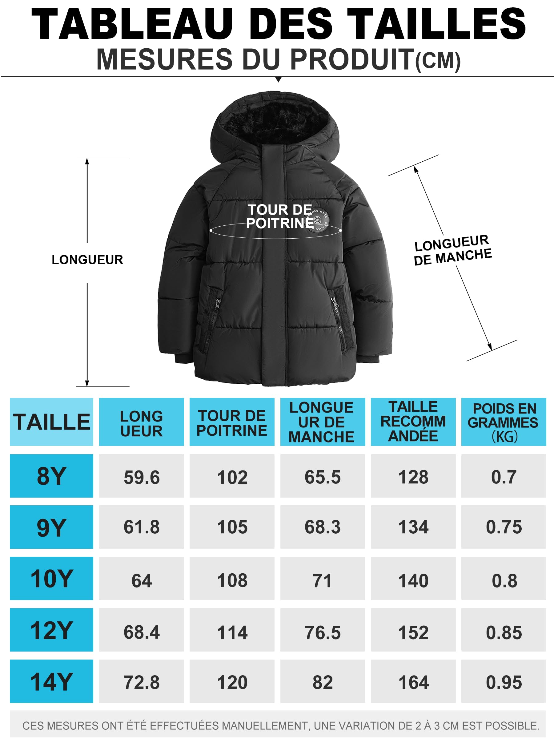maoo garden Doudoune Hiver Garçon Lourd 128-152cm - Manteau Déperlant À Double Doublure Polaire Pour Grands Enfants