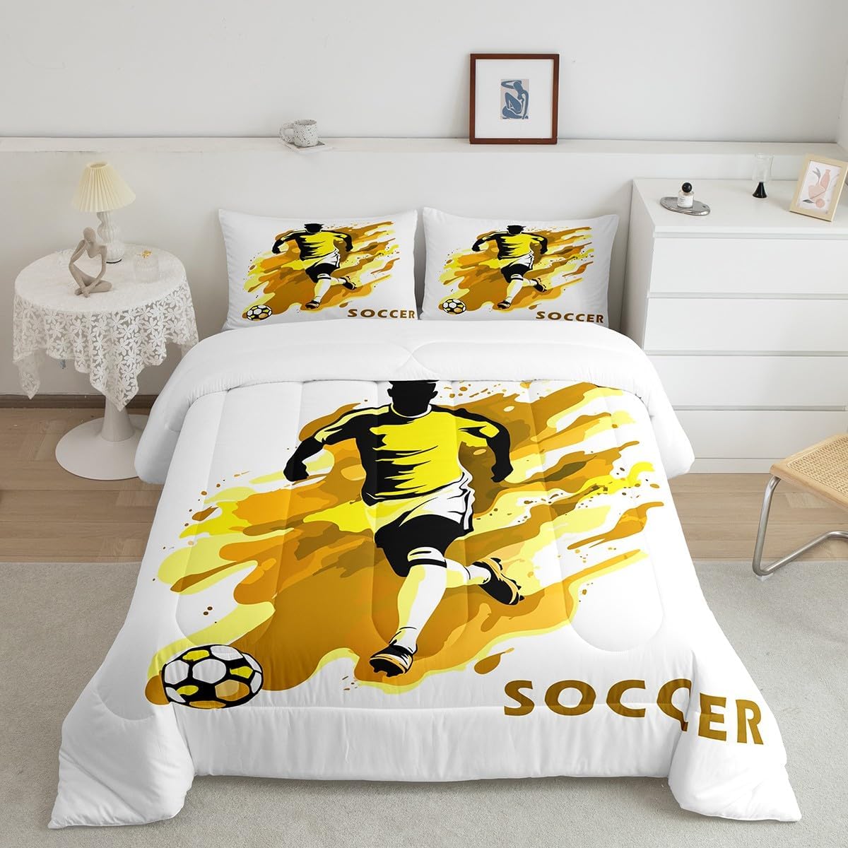 jejeloiu Kids Yellow Football Bedding Set Full Size, Rugby Sports Comforter Set Boys Girls Soccer Ball Game Duvet Insert Teens Bedroom Decor Bed Set 3Pcs - Image 2