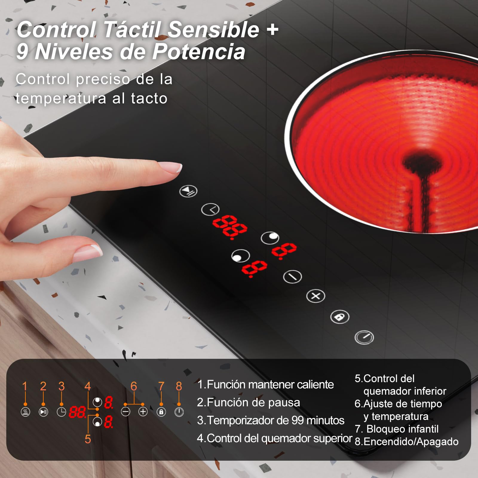 Placa Vitrocerámica 2 Fuegos 3000W Táctil por Niveles Bloqueo Seguridad