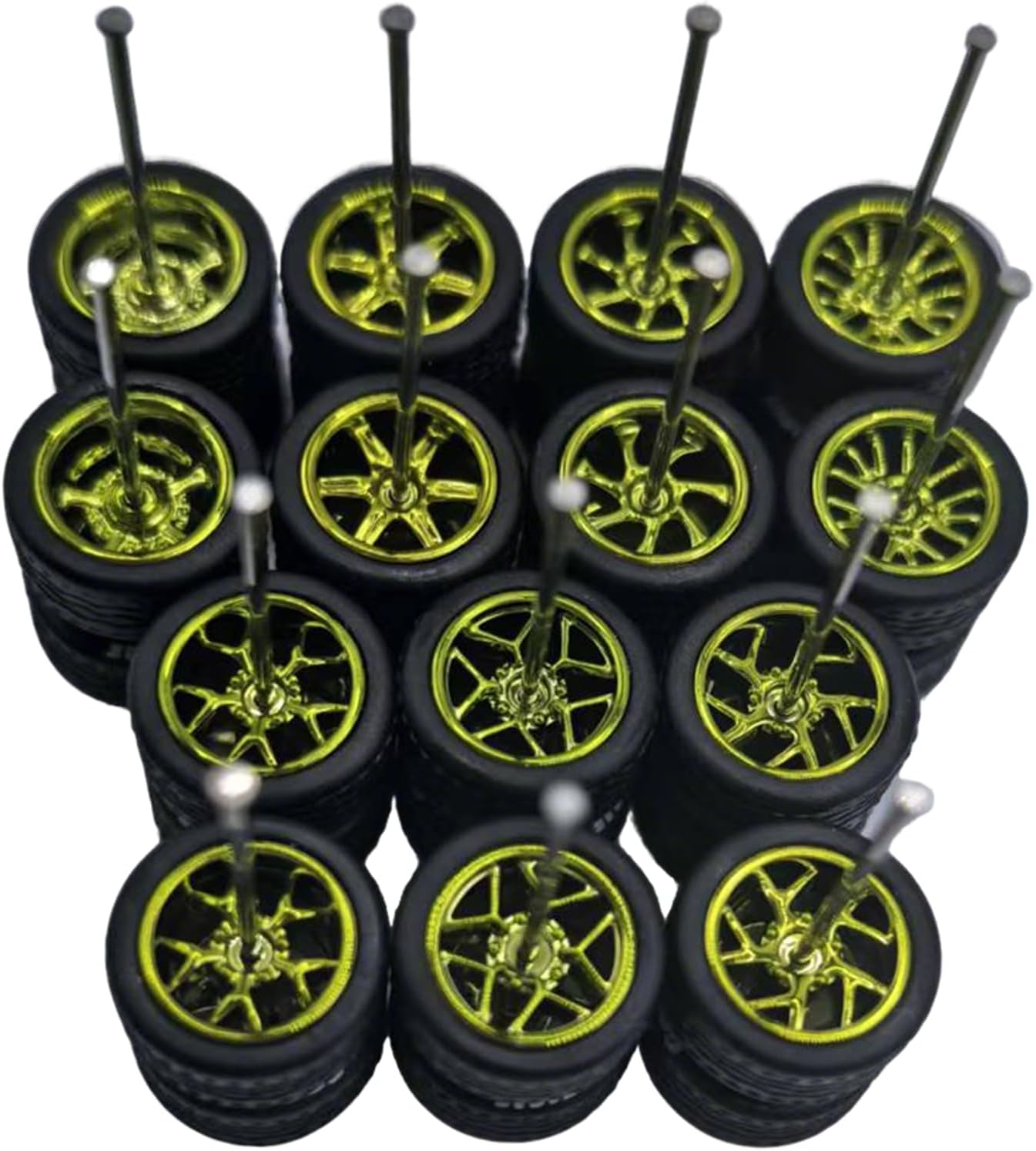 7 Set 1/64 Scale Wheels, 1 64 Wheels and Tires Set with 7 Styles Electroplating Simulation Wheel Hub & Rubber Tires Suitable for Beginner DIY Most 1/64 Diecast Cars (Electroplated Green)