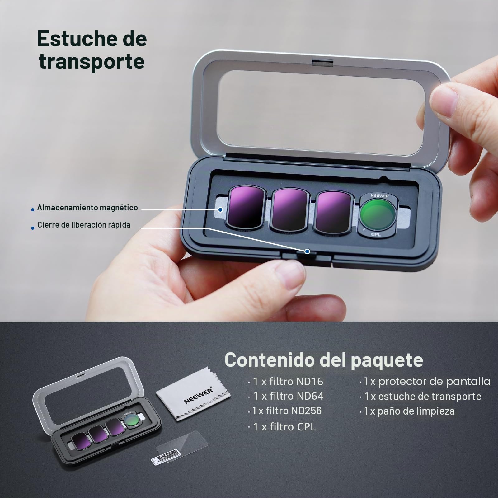 NEEWER ND y CPL Filtro Juego Compatible con dji Osmo Pocket 4 & 3, Filtro Magnético Densidad Neutra ND16 + ND64 + ND256 + Polarizador Circular Objetivo de Action CAM, Incluye Protector Pantalla