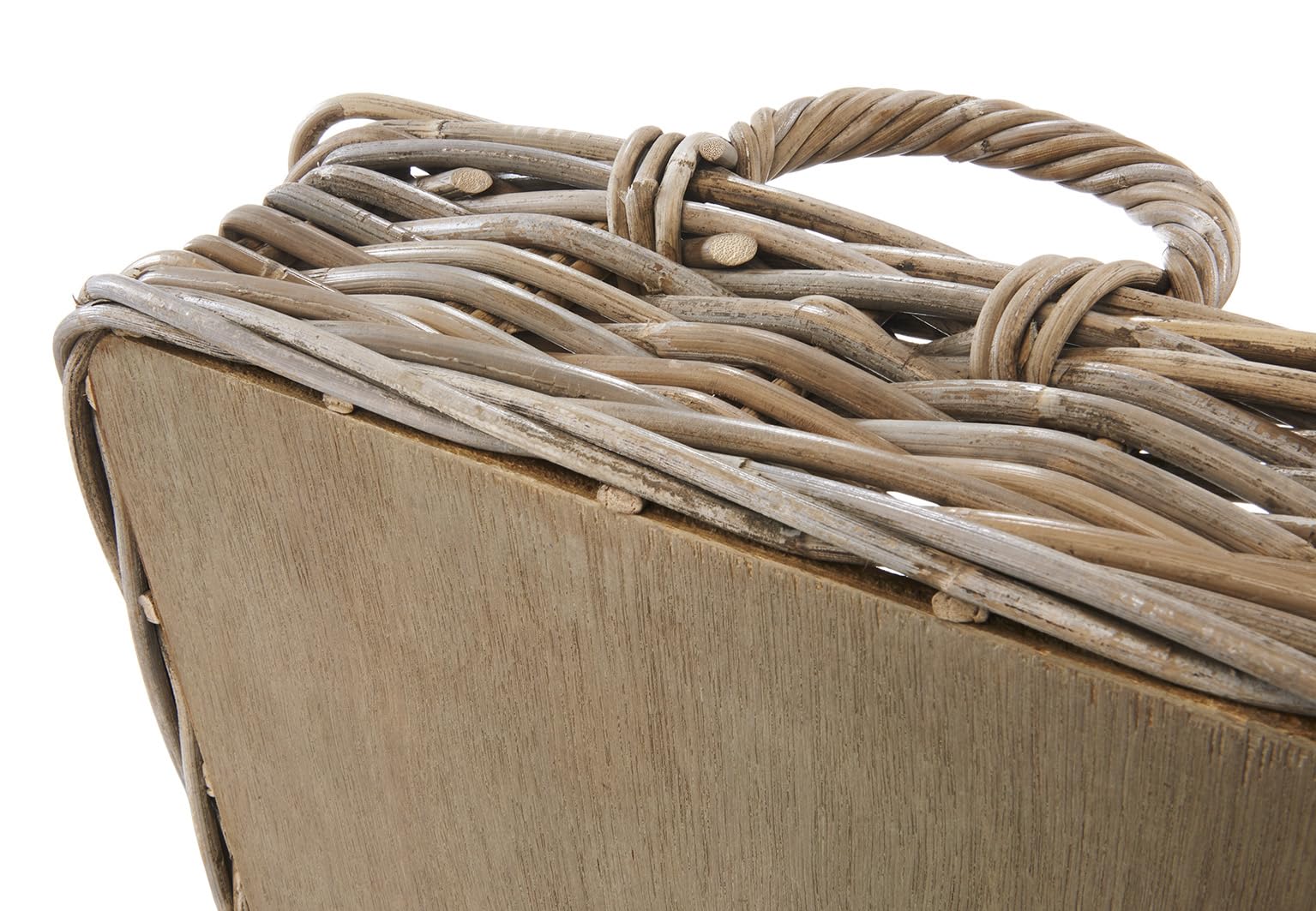 Kobolo Serviertablett aus Rattan | 56x38x12 cm | grau | eckig mit Holzboden & Griffen | handgeflochtenes Tablett im Landhausstil | Robustes Dekotablett für Küche, Wohnzimmer, Couchtisch oder Terrasse
