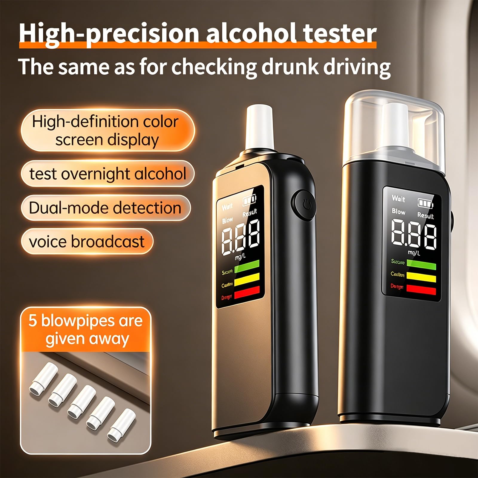 Alkoholtester, Promillemessgerät mit Digitaler LCD-Anzeige, 5 Mundstücke, für Auto & Zuhause