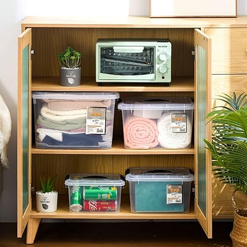 Miniatura 3 de loobuu Contenedores de almacenamiento de plástico con tapa y hebillas, caja organizadora apilable, cajas de cierre para el hogar, oficina, ropa,