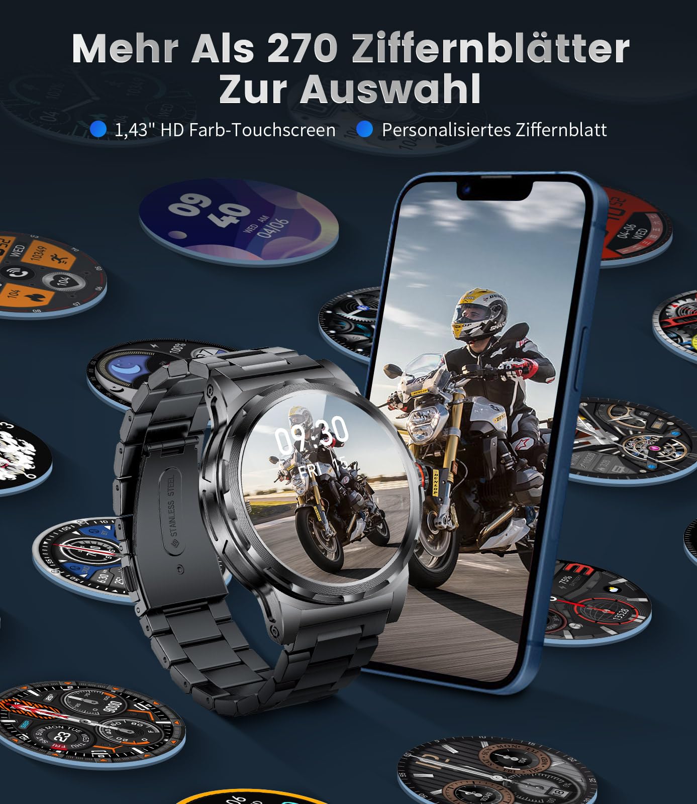 LIGE Smartwatch Herren 1,43" AMOLED, 360mAh Bluetooth, IP68, 120+ Sport | HD AMOLED Display, 360mAh Langer Akku, Freisprechen und Nachrichten, Spo2/Herzfrequenz/Schlafüberwachung, für iOS/Android