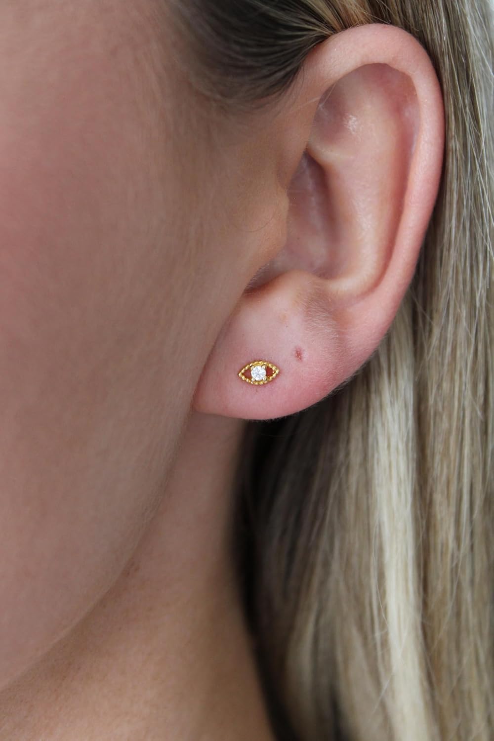 Evil Eye Stud Earrings – 18K Gold Plated Minimalist Studs with White Zircon, Dainty Hypoallergenic Protective Jewelry for Women by Malibu Sunday - Image 5