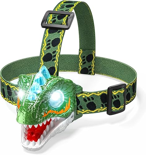 Linterna frontal para niños, linterna frontal LED de dinosaurio con diadema ajustable para niños y niñas, 3 modos de iluminación, perfecto para