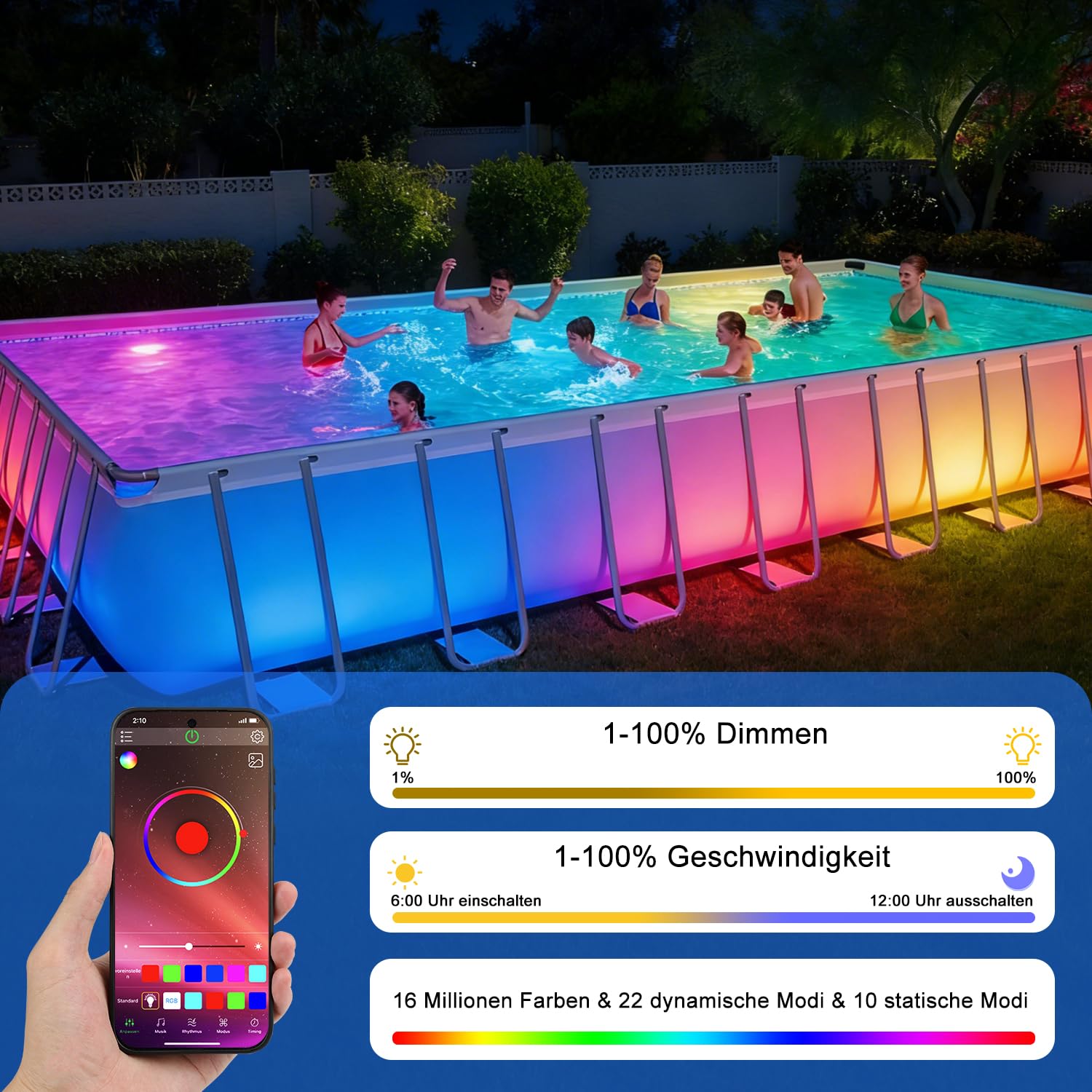 COOLWEST RGB LED Poolbeleuchtung, 24W Poolscheinwerfer mit Magnet, Pool Lichter Unterwasser mit APP-Kontrolle IP68 Wasserdicht für Stahlwandpools, Aufstellpool, Framepools, 7m Kabel, 12V, Dimmbar