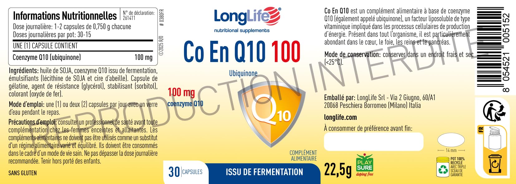 LongLife® CO EN Q10 100 mg | Coenzyme Q10, ubidécarénone pure | Antioxydant et énergisant cellulaire | Issu de fermentation | 30 capsules | Sans gluten