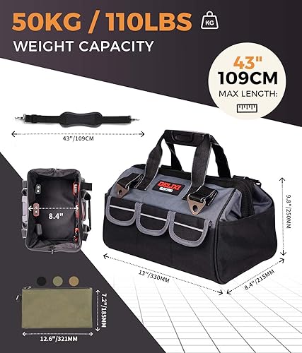 Vista 2 de DELIXI Bolsa de herramientas de 13 pulgadas + 3 bolsas de herramientas con cremallera (18 bolsillos), caja de herramientas de tela Oxford 1680D