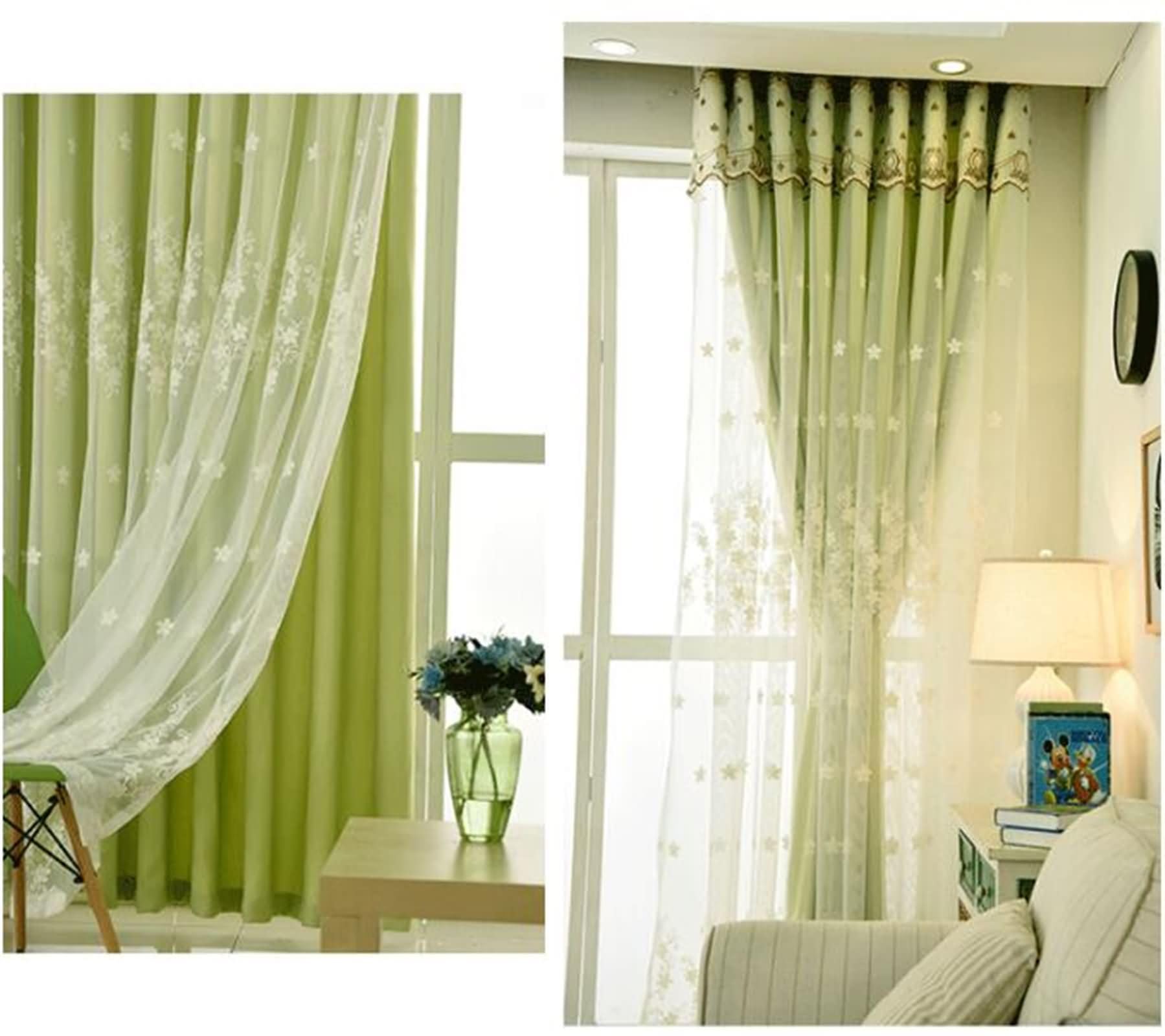 Daesar Verdunklungsvorhänge Grün, Vorhänge mit Haken Blickdicht 2er Set Nordisch Doppellagig Stickerei mit Blumen Motiv 137x229CM Schiebengardinen Kinderzimmer Schlafzimmer