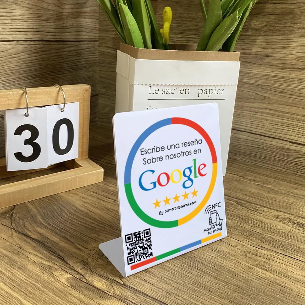 Placa NFC con QR para Conseguir más reseñas en Google Incluye Gratis Herramientas: generador de firmas con Enlace a tu ficha, Carteles QR y Comunidad de Intercambio de reseñas. Tamaño 12x14cm.