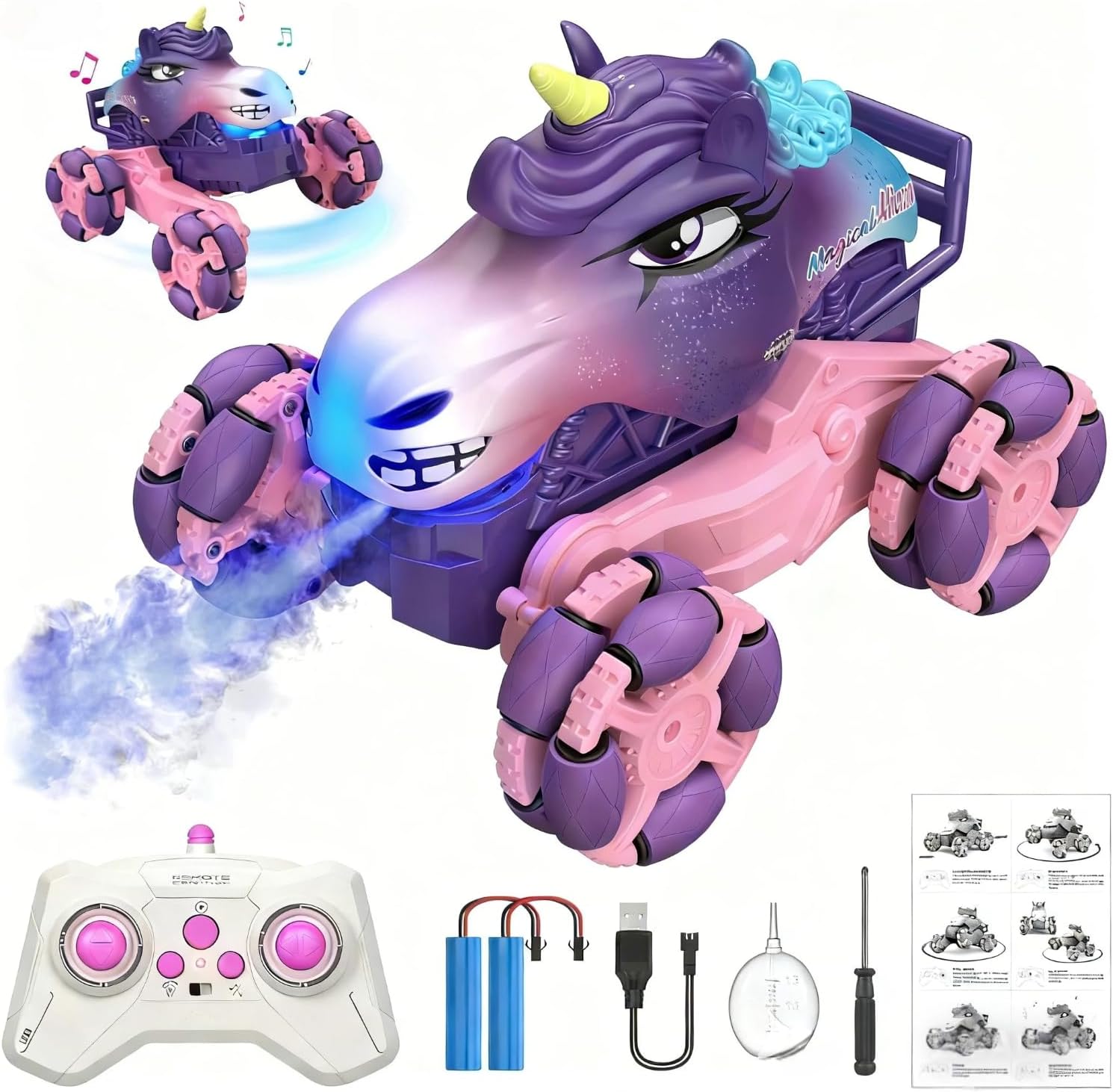 Remote Control Car 1:18 Pink Unicorn Monster Truck 360° Spin-Dance Light Music with Spray, 2.4 GHz 4WD 120 Min Runtime Off-Road for Indoor & Outdoor Fun Toy Birthday Gifts for Girls Age 3+