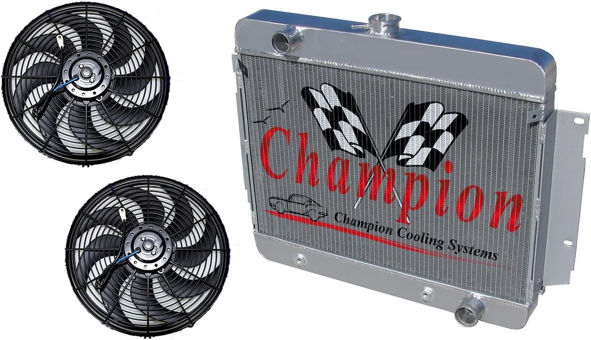 3 Row All Aluminum Replacement Radiator AND 2-10" Reversible Dual Fans for 1969-1970 Chevy Impala, 1969-1970 Chevy Caprice, 1969-1970 Chevy Bel-Air, 1969-1970 Chevy Biscayne, 1969-1970 Chevy Brookwood, 1969-1970 Chevy Kingswood- Manufactured by Champion Cooling Systems, Part Number: 345FAN