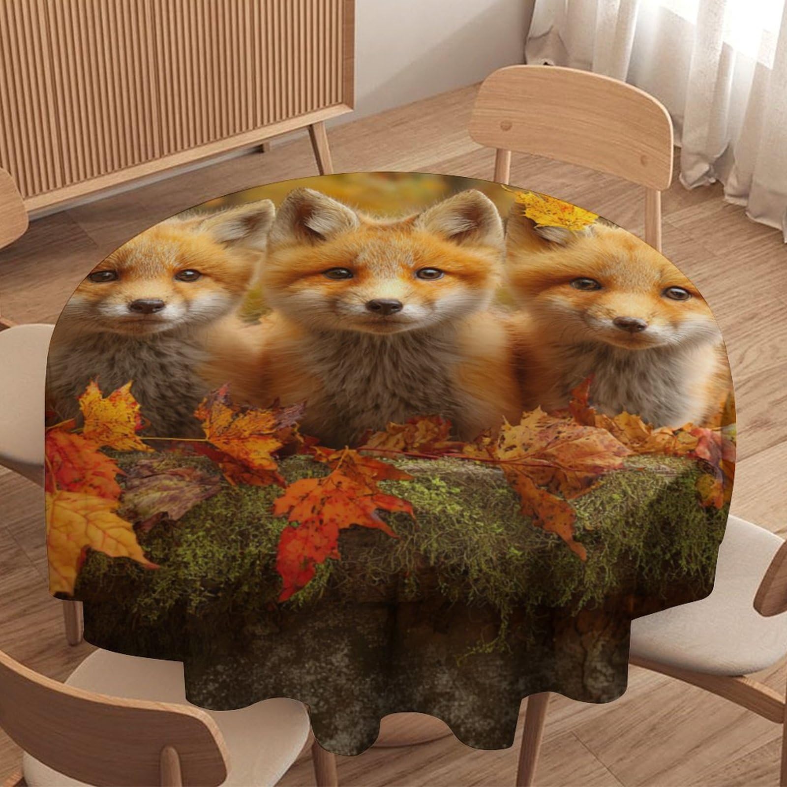 LUYYSKY Beautiful Abstract Fox Round Tablecloth Rustic Realistic Natural Autumn Woodland Maple Leaves Animals Foxes Washable Decor for Table Cover for Kitchen-127 Wx127 L cm