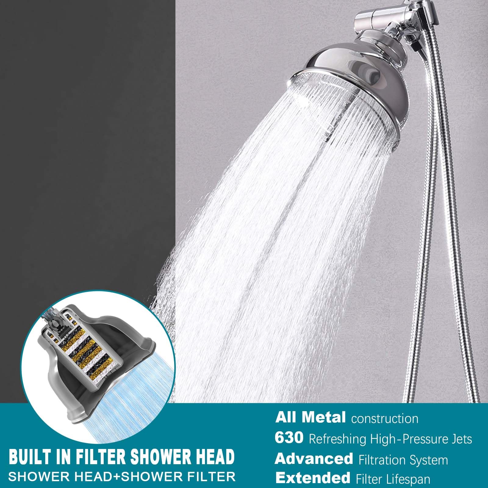 Cabezal de ducha con filtro de lluvia, alcachofa de ducha de alta salida con sistema de filtro de agua para eliminar cloro y sustancias nocivas, cromo, acero inoxidable