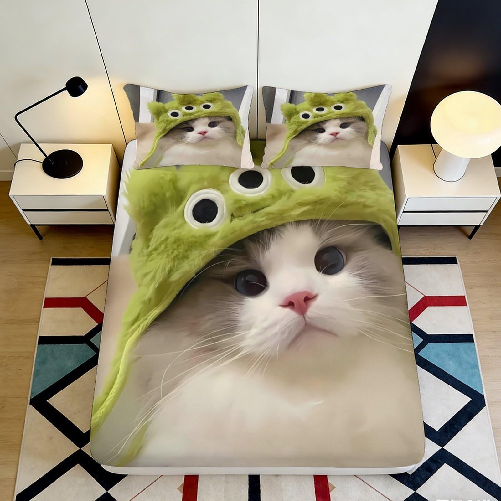 Pnayamiorkfel Style-10 3D Printed Green Alien Cat Fitted Sheet Microfiber Soft Breathable Cute Cartoon Bed Cover For Bedroom Dorm Mattress Decor, Easy Care 90X200x25cm