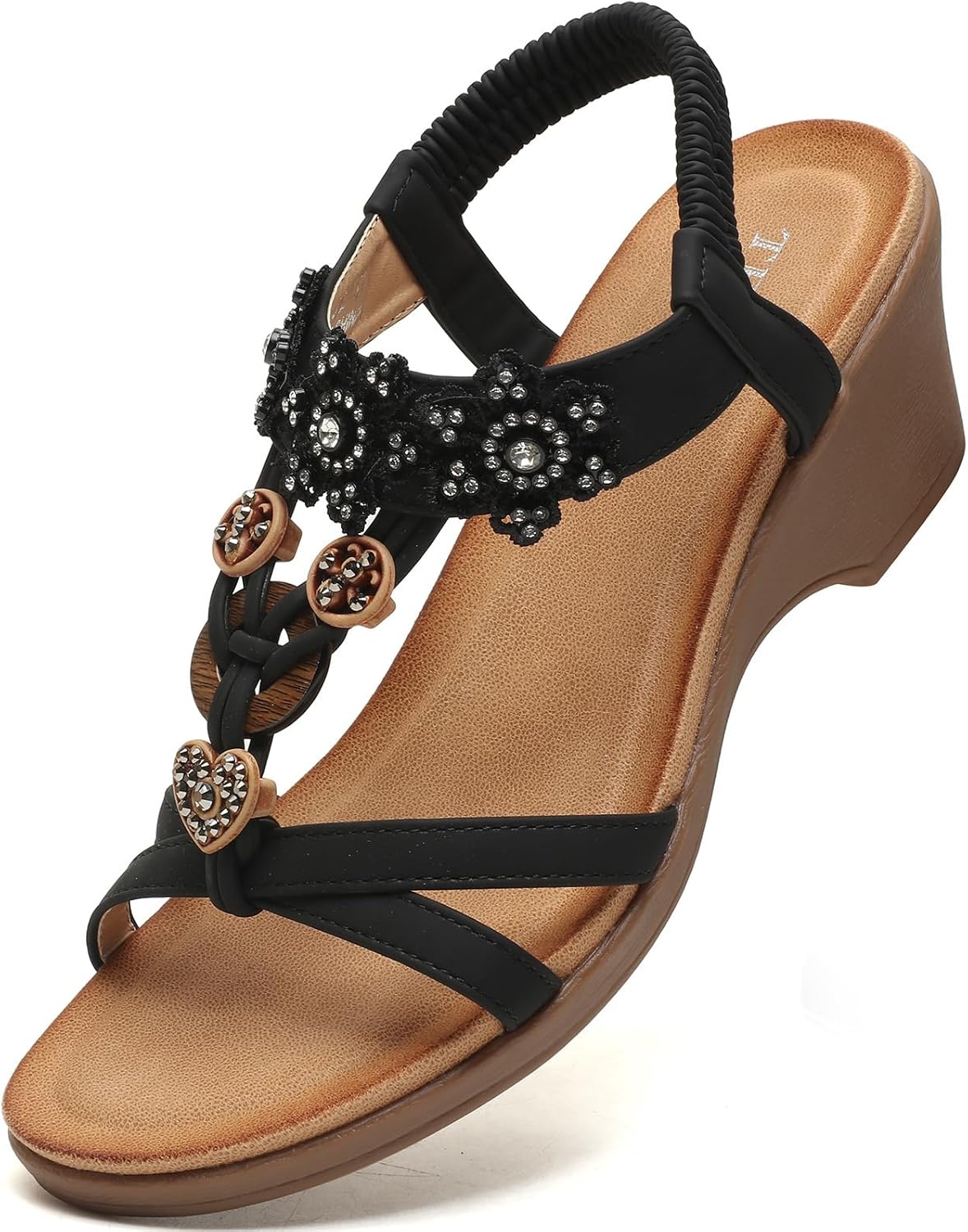 TETSUO Women Wedge Sandal Flower Low Heels Sandals Comfortable Summer Beach Walking Rhinestone Shoes for Women Open Toe Ankle Elastic Back strap T-Strap Dressy Bohemian Shoe