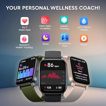 OCTANDRA Spark VeryFit 2.01 Bluetooth Answer Call Alexa Smart Watch Body Energy Heart Rate HRV Oxygen Saturation Sleep Monitor Step Tracker IP68 Fitness Watches for Men Women (Black)