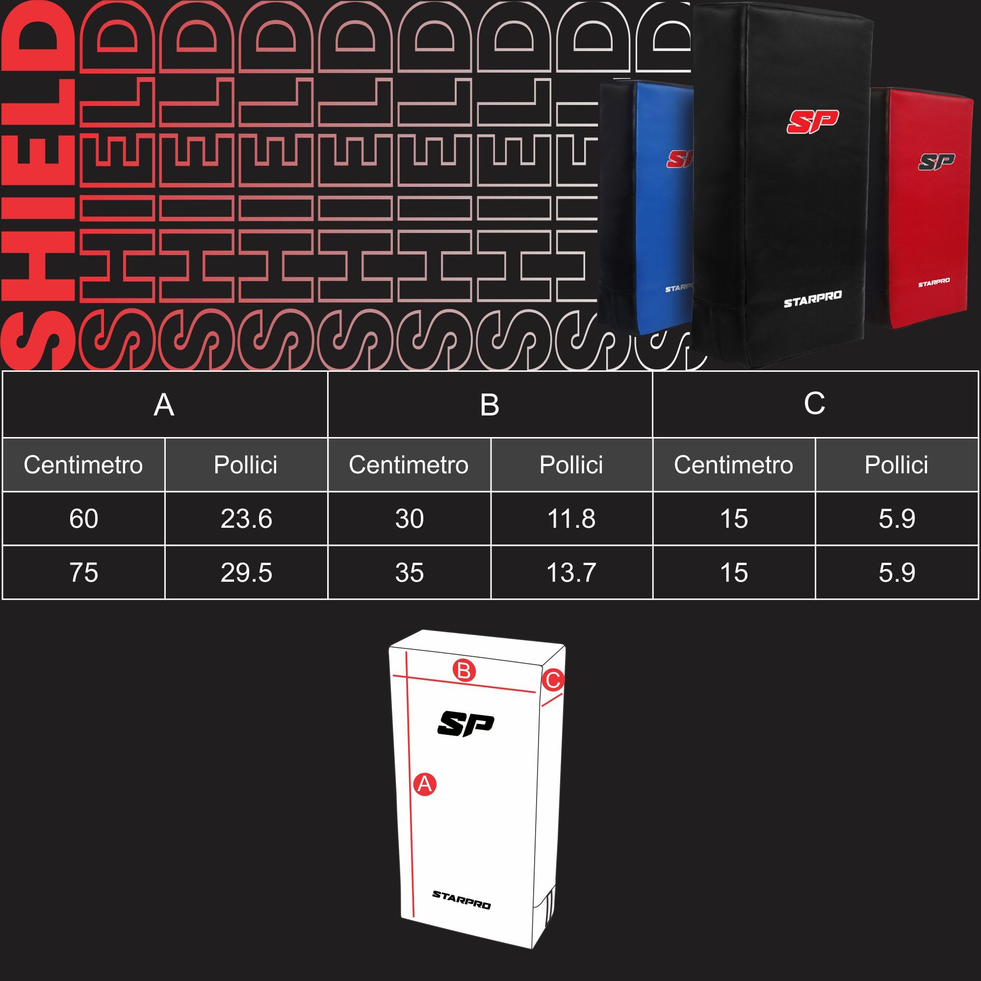 Starpro Scudo da Boxe in Triplo Vinile High-Tech. Scudo Colpitore per Allenamento e Combattimento MMA, Muay Thai, Karate, Arti Marziali e Kickboxing - Nero, Rosso e Nere o Blu e Nero - Varie Misure