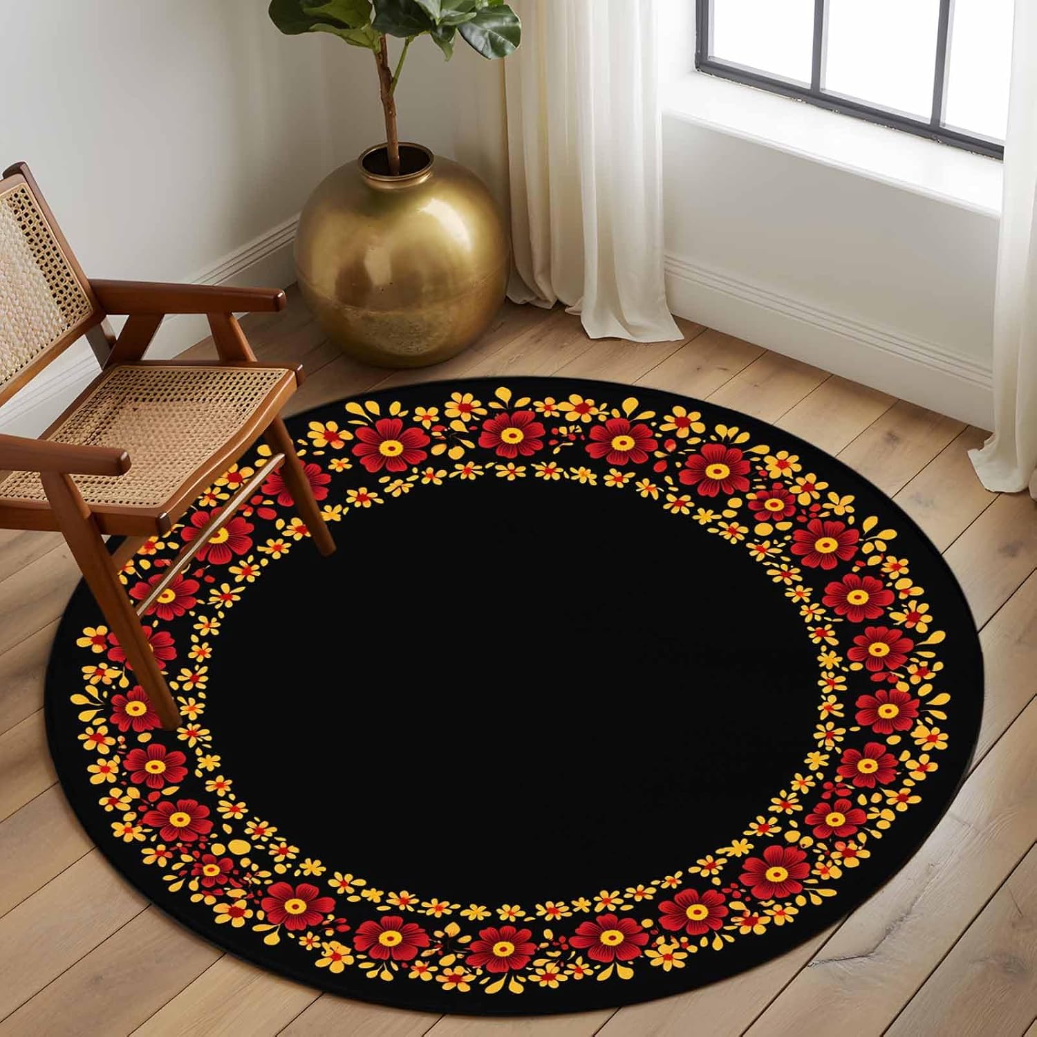 Round Rugs 5ft, Red Yellow Spring Floral Non-Slip Area Rugs for Living Room Bedroom Entryway, Summer Botanical Black Washable Carpet Runner Rug for Indoor/Outdoor