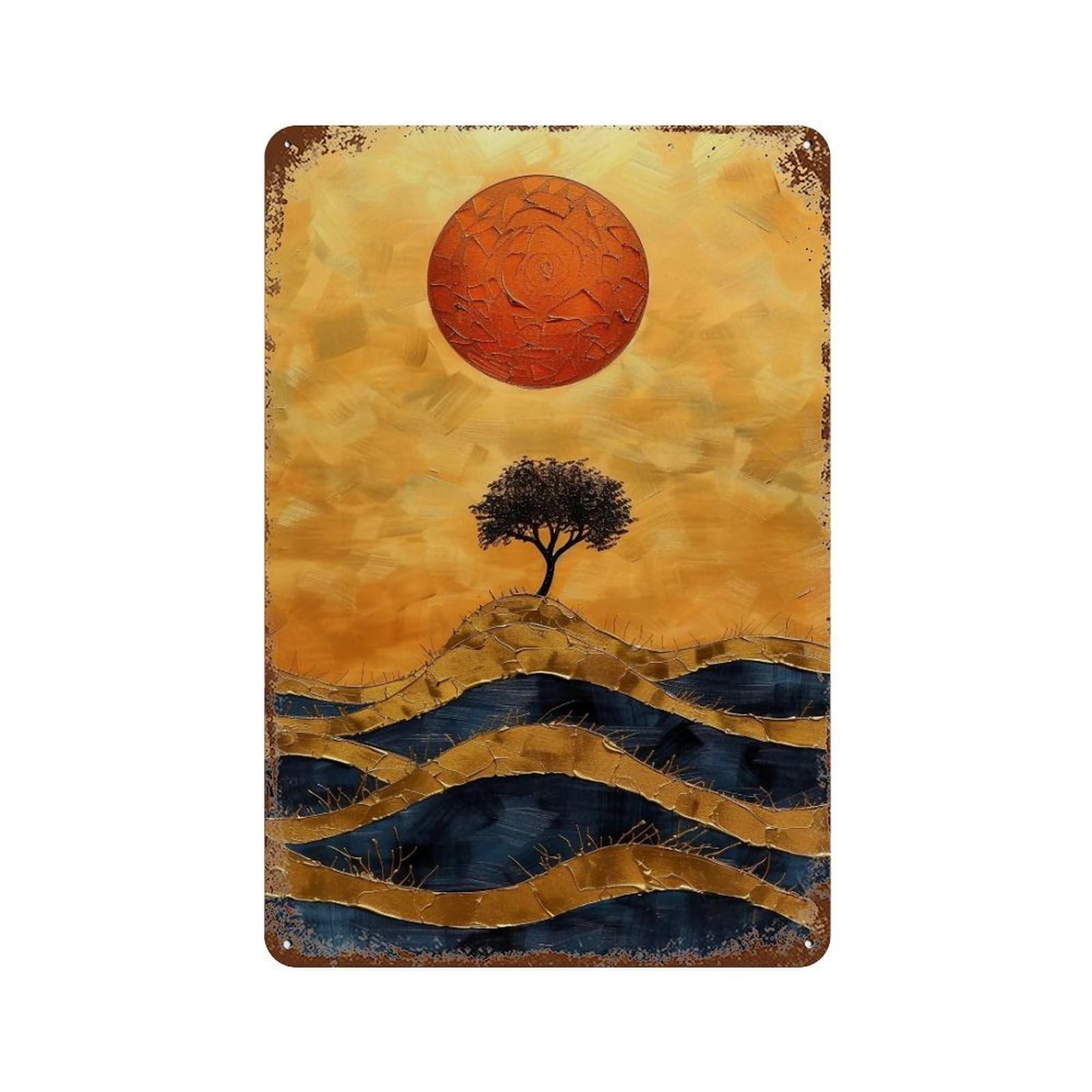 WIHYRTUI Gilded Impasto Minimal Lone Tree Red Sun Rolling Hills 03 Wall Retro Iron Metal Tin Sign Vintage Art Poster Modern Home Cofffee Club Art Bar Shop Decor Style 30x20cm