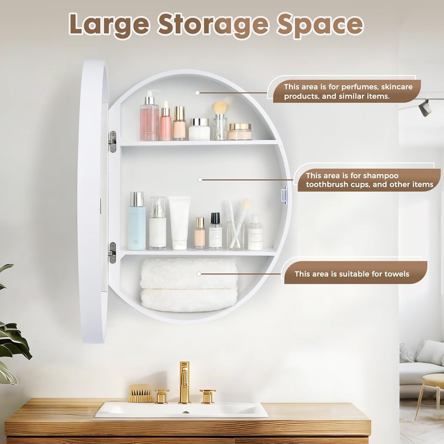 21 x 18 Inch Oval Bathroom Medicine Cabinet - Wall Mounted Mirror with Concealed Shelves, Premium Wooden Frame & Moisture-Proof Design, Space-Saving Storage for Bedroom (Oval, White, 21"*18")
