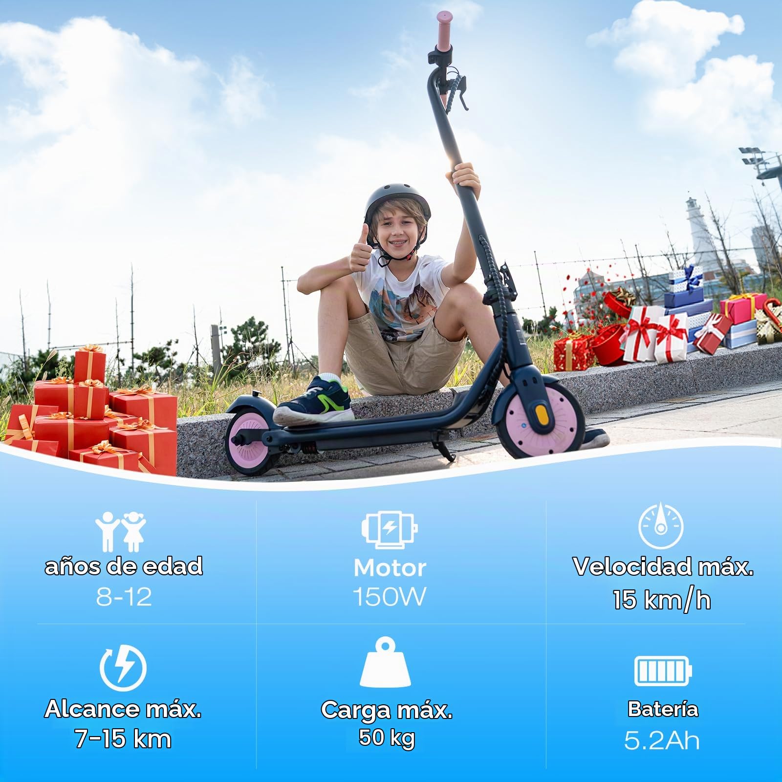 RCB Patinete Eléctrico para Niños, Máx Autonomía 15KM, Máx Velocidad 15KMH, 7" Neumáticos, Patinete Eléctrico Plegable para Niños con Amortiguador, Doble Freno, Regalo para 8-12 Años