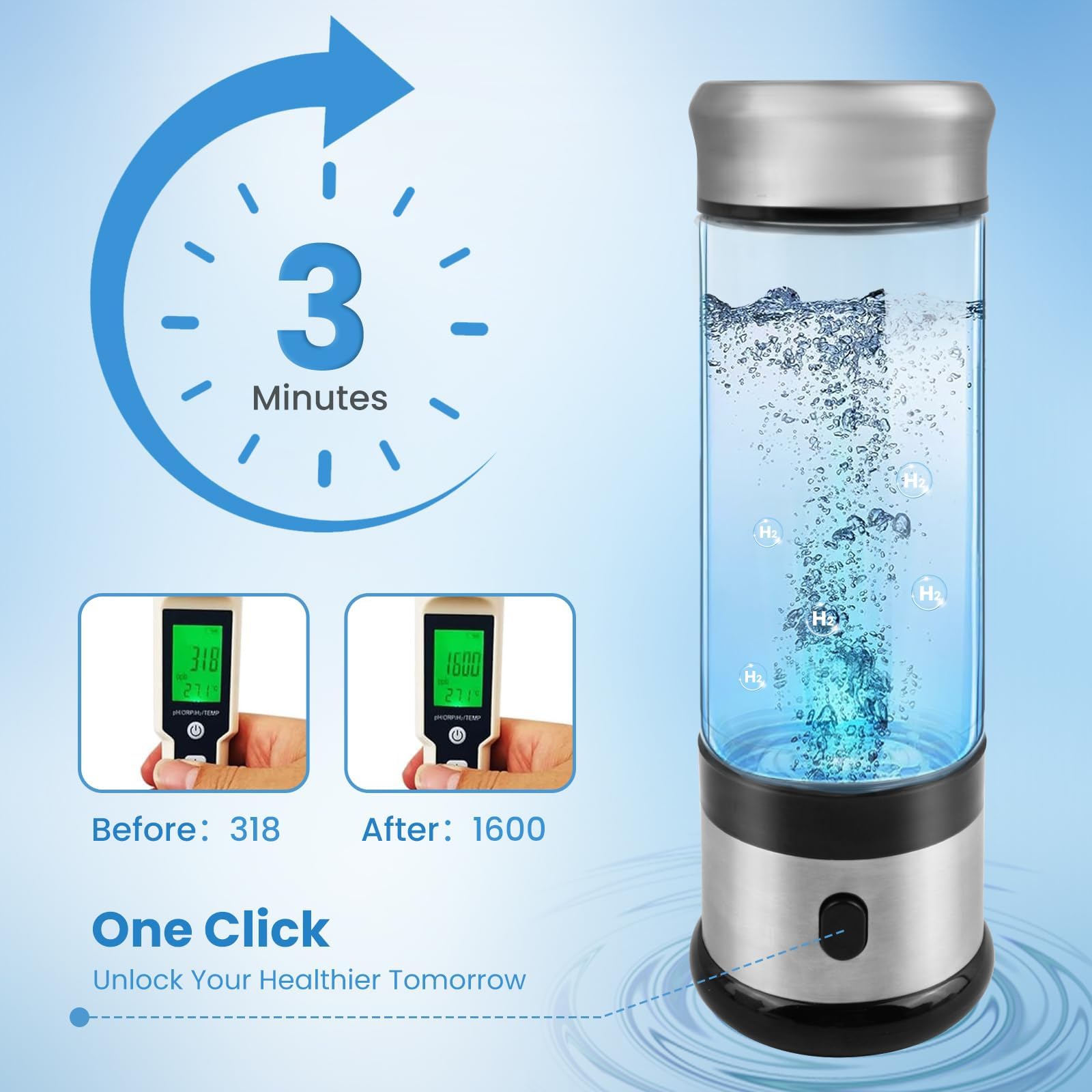 Bouteille D'eau Génératrice D'hydrogène, Bouteille D'eau Hydrogène Portable, Tasse D'eau en Verre, Cadeau pour Amis Maman Père Grandpère Grandmère(1200PB)