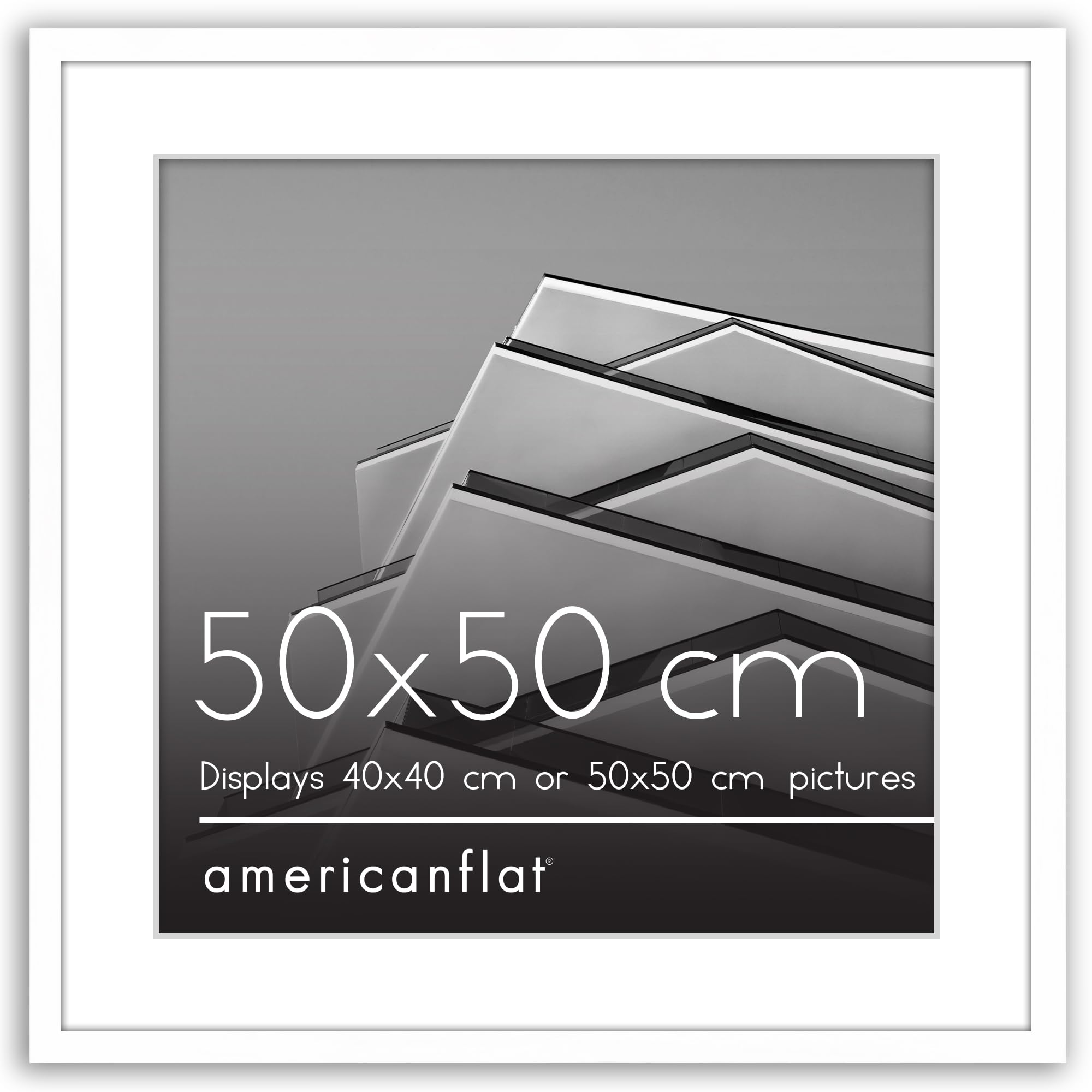 Americanflat 50x50 cm Picture Frame with Polished Plexi Cover - Use as 40x40 cm Wall Photo Frame with Mount or Display 50x50 cm Photo without Mount - Streamline Collection - White
