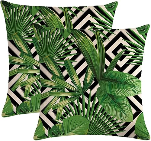 Paquete de 2 fundas de almohada de hojas verdes tropicales con fondo geométrico, decorativas para el hogar, fundas de cojín cuadradas de algodón y