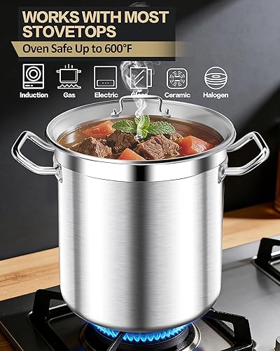 Miniatura 5 de Olla de acero inoxidable de 20 cuartos de galón con tapa de vidrio templado, base de 3 capas, 8.8 libras, acabado pulido, adecuada para estufa y