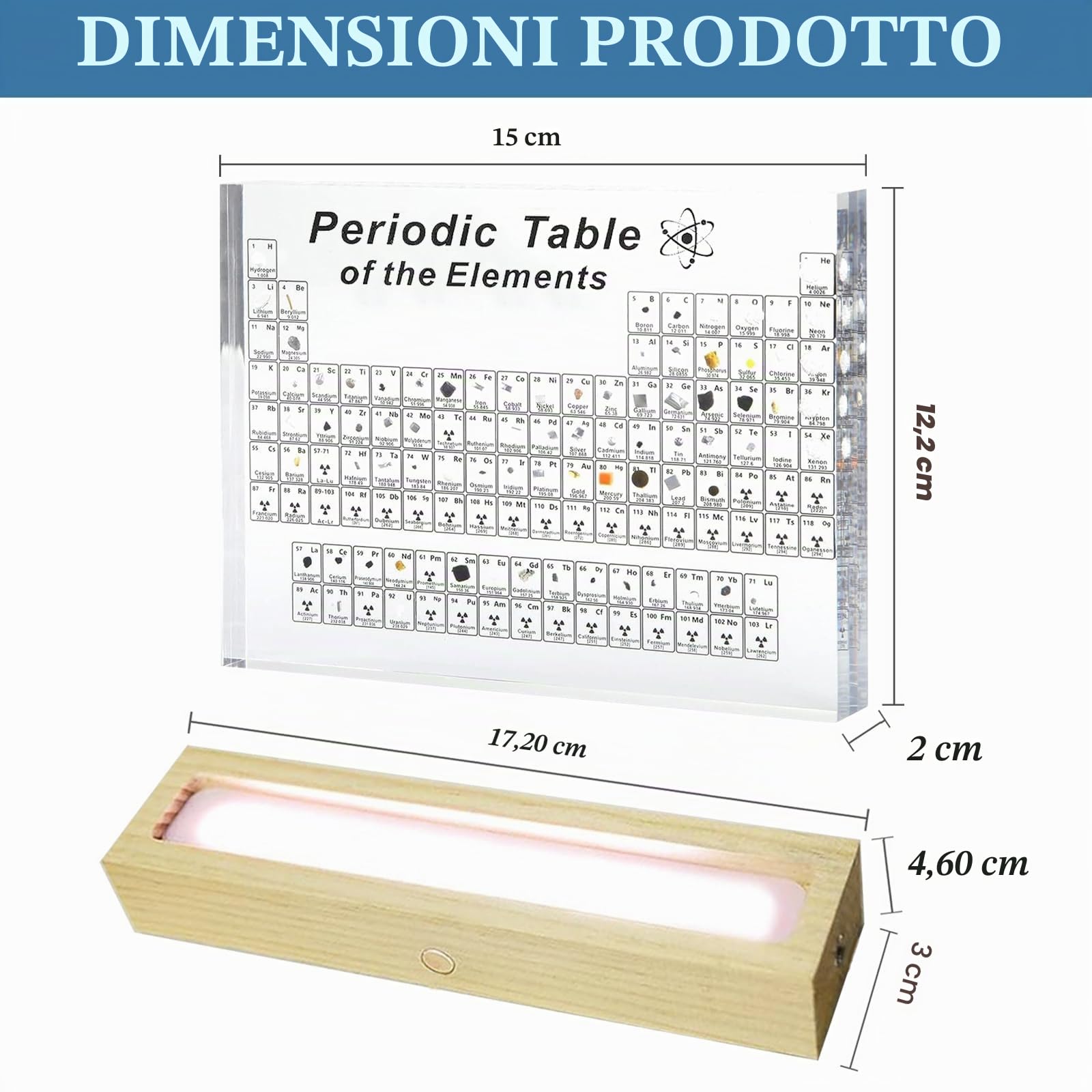 SOEPOTIX Tavola Periodica degli Elementi Reali, Tavola Periodica con Elementi Veri con LED Supporto e 83 Campioni Chimico di Elementi Veri Insegnamento Strumento Regalo Creativo Artigianato