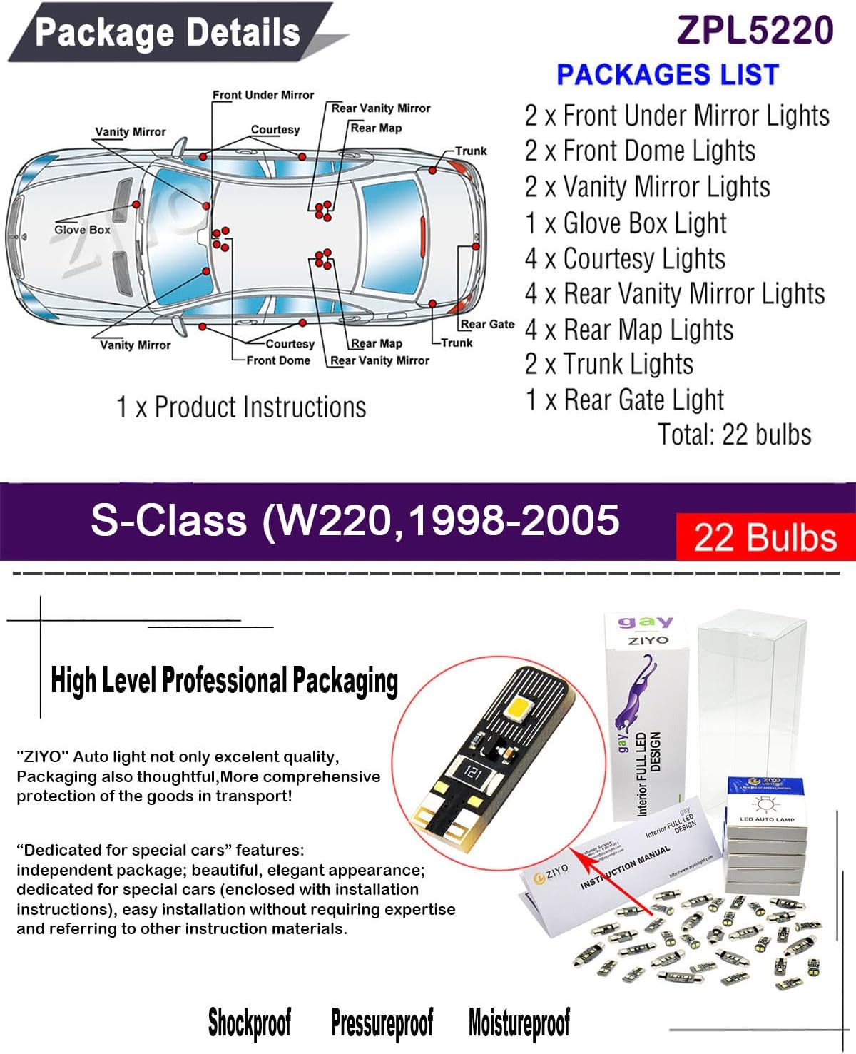 ZIYO ZPL5220 - LED Interior Light Kit Replacement for Mercedes Benz S Class W220 1995-2005, 6000K Xenon White Dome Light Bulbs Upgrage Error Free (W220 1995-2005 (22 Bulbs))
