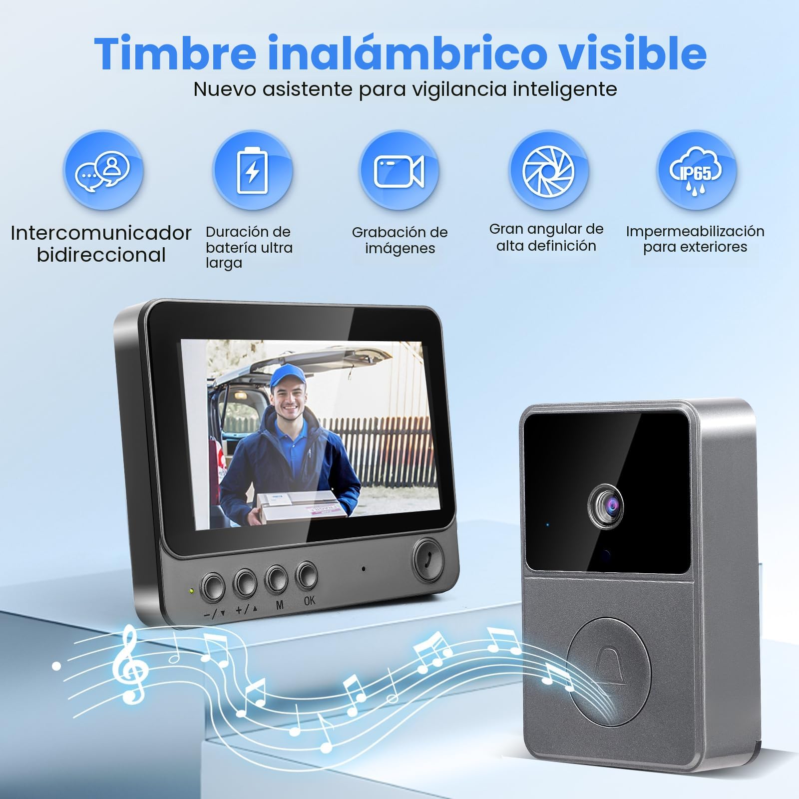 Timbre inalámbrico con cámara, IP65 impermeable para exterior, pantalla HD 1080P de 4.3", timbre de video inalámbrico de 2.4G, audio bidireccional, visión nocturna, resistente a la intemperie