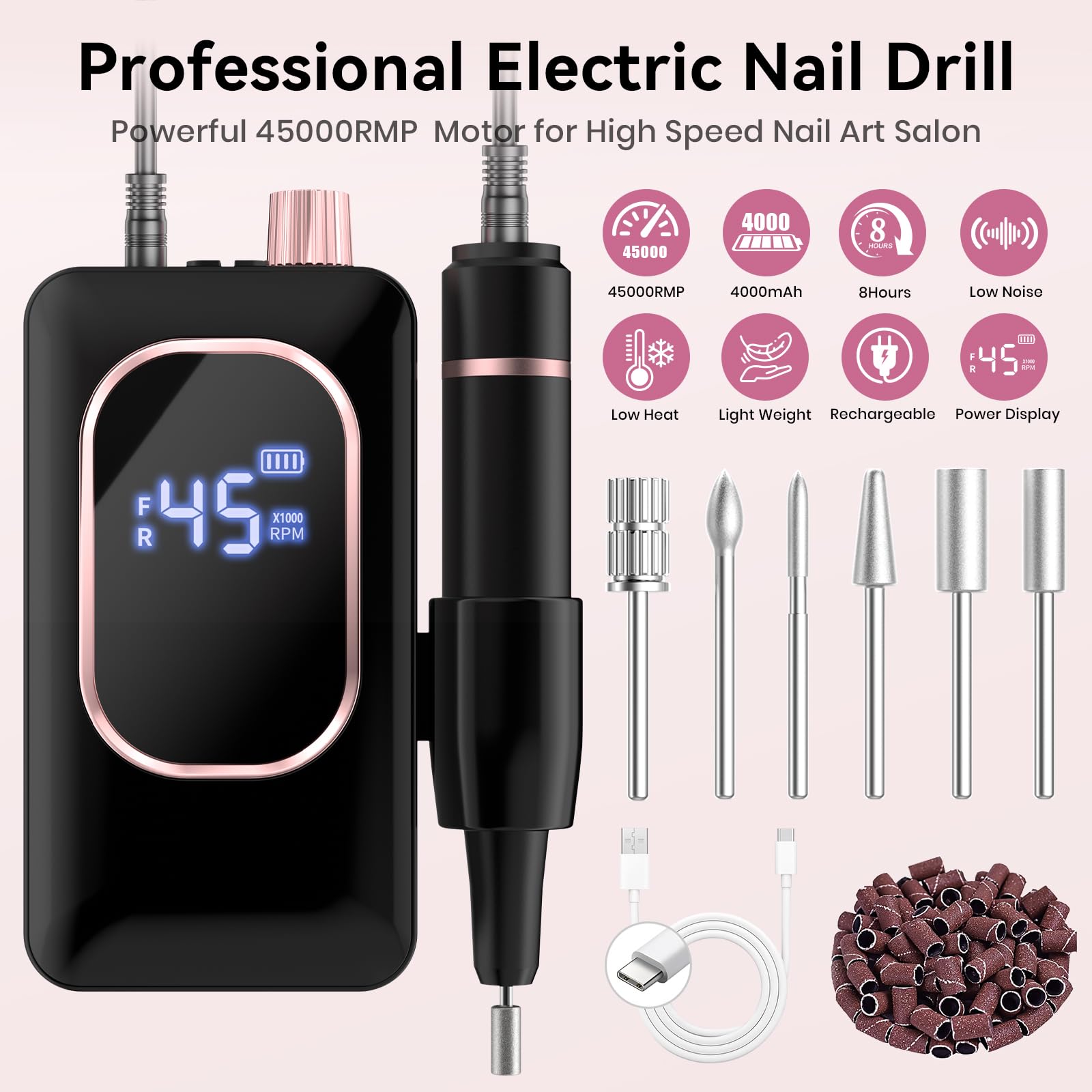 Elektrische Nagelfeile, Schwarze Nagelbohrmaschine Pro Wiederaufladbar 4000mAh mit 8 Stunden Laufzeit, 45000U/min Acryl Nagel Kit für Gel, E Feilen Set mit 6 Bits, 7 Bändern, LED-Bildschirm