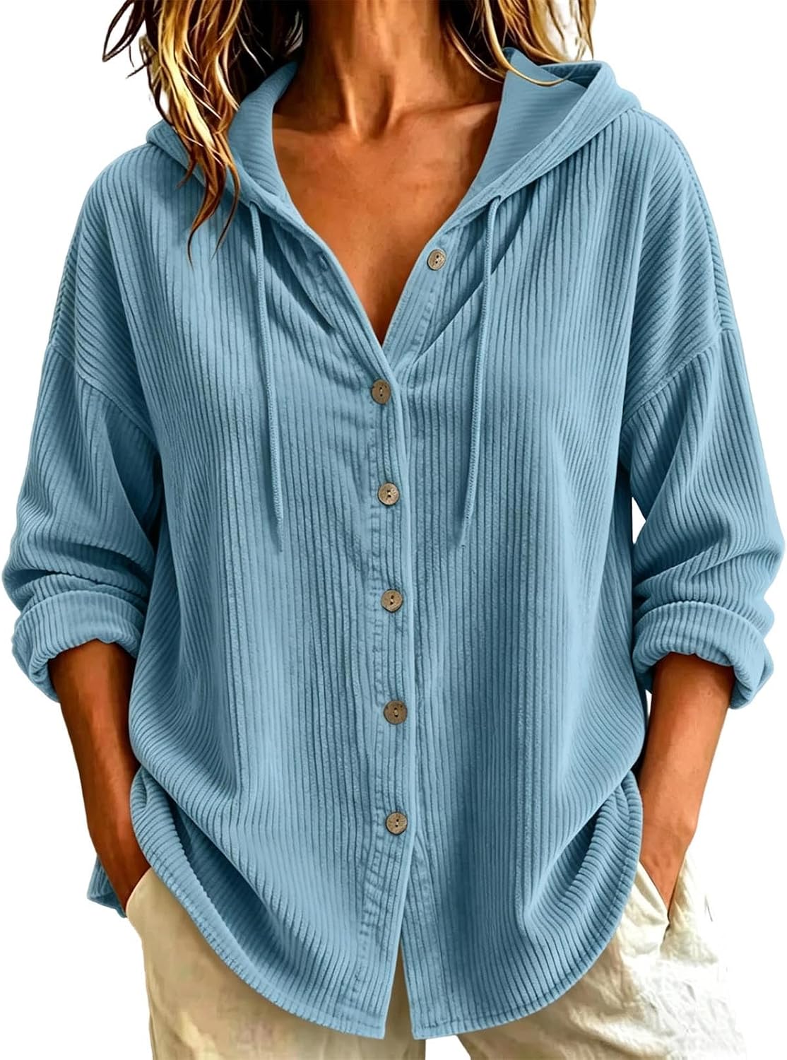 Women's Ribbed Hooded Button Down Shirt Long Sleeve Oversized Top